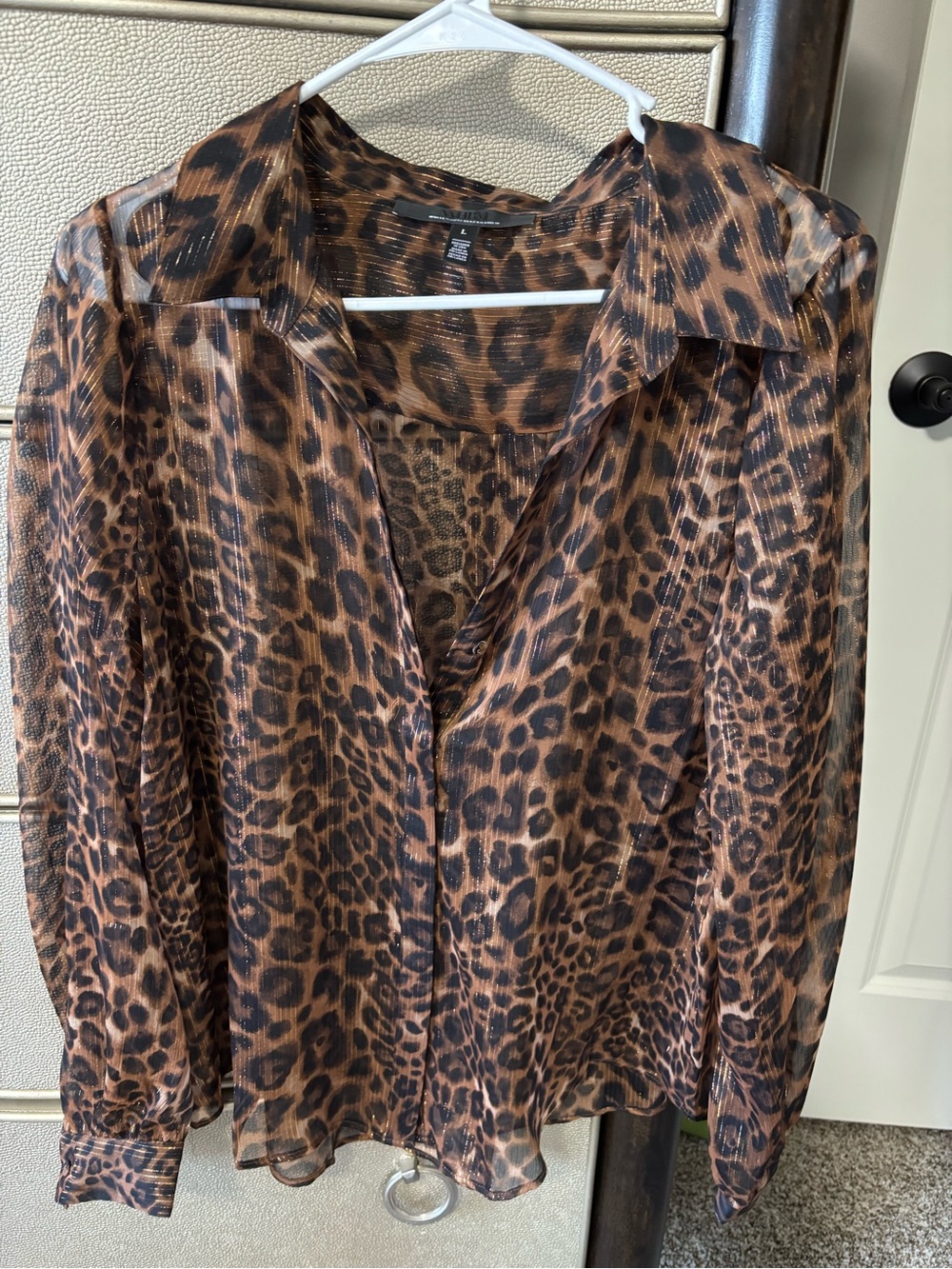 White House Black Market Brown Leopard Sheer Button-Down Blouse